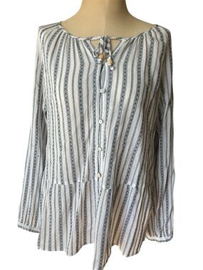 J. Jill Black & White Striped Tie-Neck Peasant Tunic